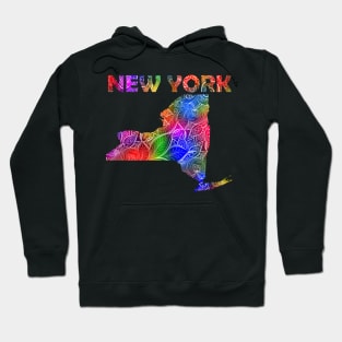 Colorful mandala art map of New York with text in multicolor pattern Hoodie